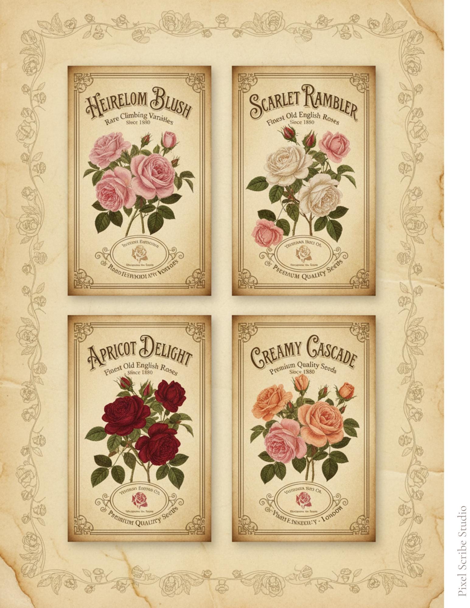 Vintage Rose Journal Cards Printable, Victorian Floral Ephemera, Botanical Junk Journal Cards, Printable Collage Cards