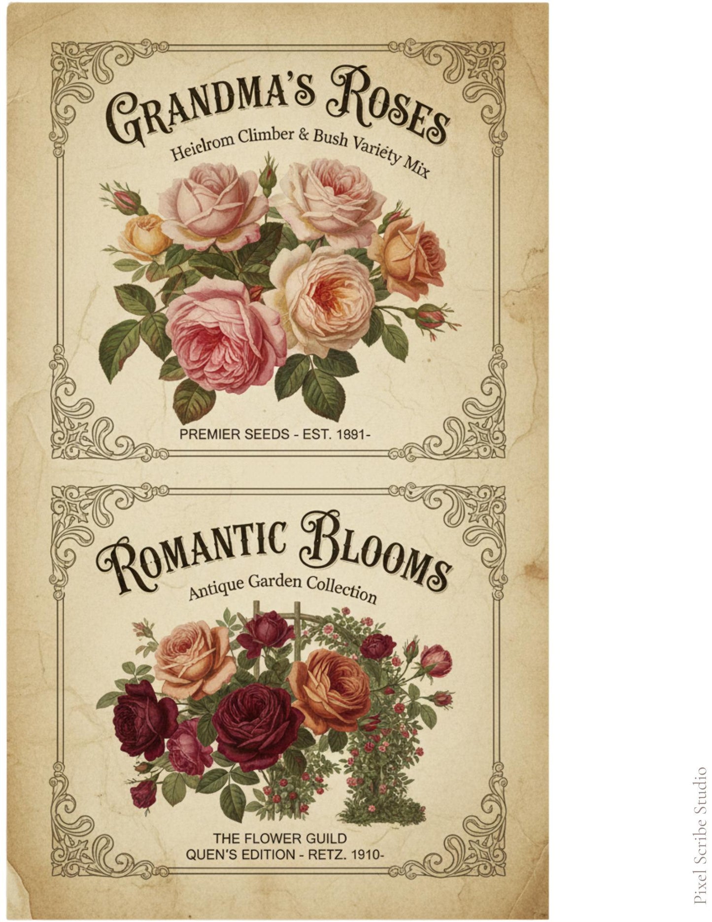Vintage Rose Journal Cards Printable, Victorian Floral Ephemera, Botanical Junk Journal Cards, Printable Collage Cards