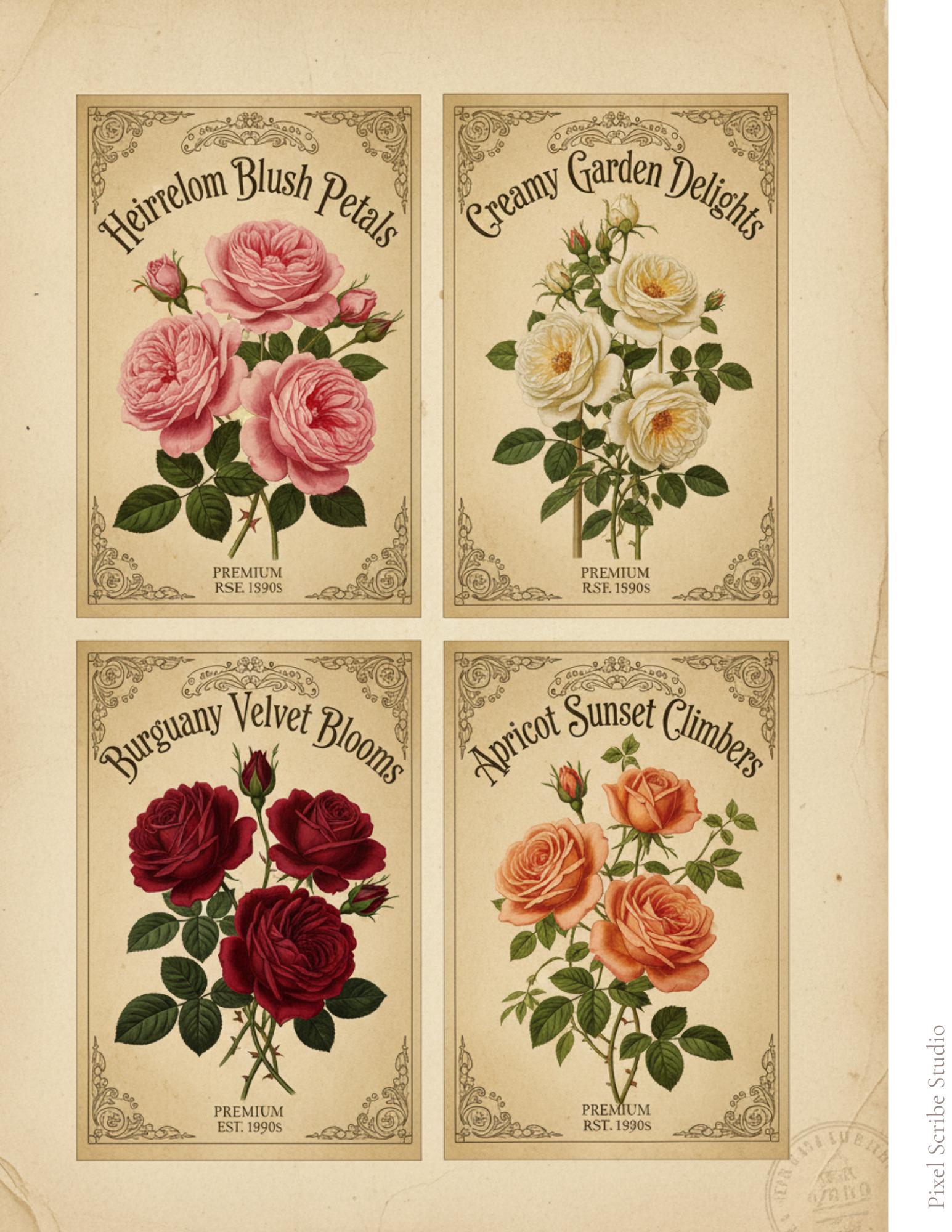 Vintage Rose Journal Cards Printable, Victorian Floral Ephemera, Botanical Junk Journal Cards, Printable Collage Cards
