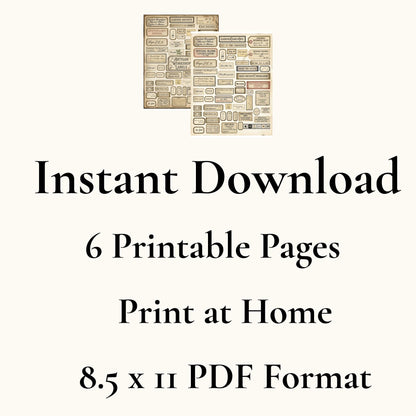 Vintage Botanical Labels Printable | Junk Journal Labels Kit | Planner Labels | Collage Ephemera PDF, 6 Pages, 120+ Labels