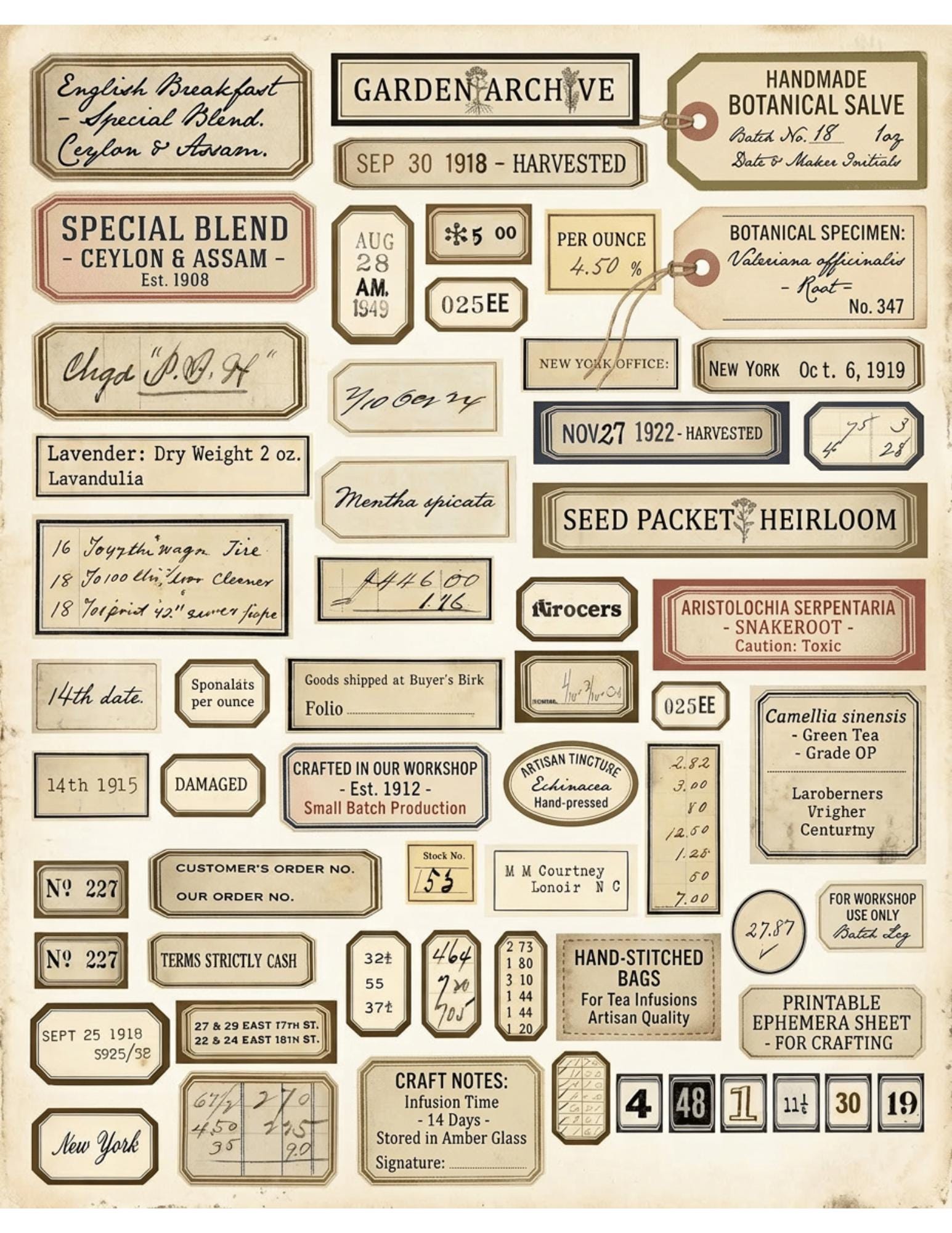 Vintage Botanical Labels Printable | Junk Journal Labels Kit | Planner Labels | Collage Ephemera PDF, 6 Pages, 120+ Labels