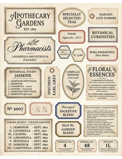 Vintage Botanical Labels Printable | Junk Journal Labels Kit | Planner Labels | Collage Ephemera PDF, 6 Pages, 120+ Labels