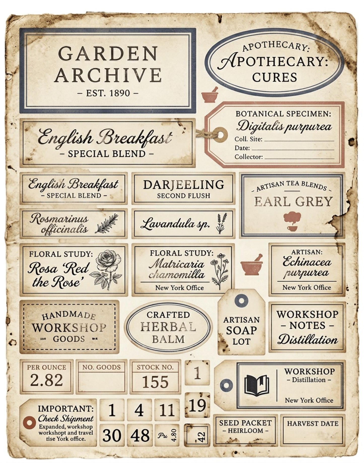 Vintage Botanical Labels Printable | Junk Journal Labels Kit | Planner Labels | Collage Ephemera PDF, 6 Pages, 120+ Labels