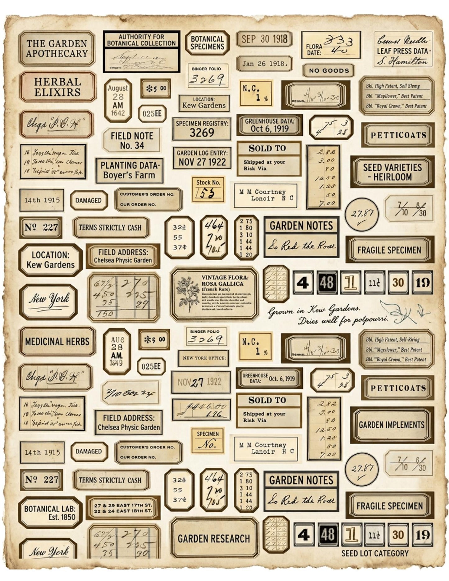 Vintage Botanical Labels Printable | Junk Journal Labels Kit | Planner Labels | Collage Ephemera PDF, 6 Pages, 120+ Labels