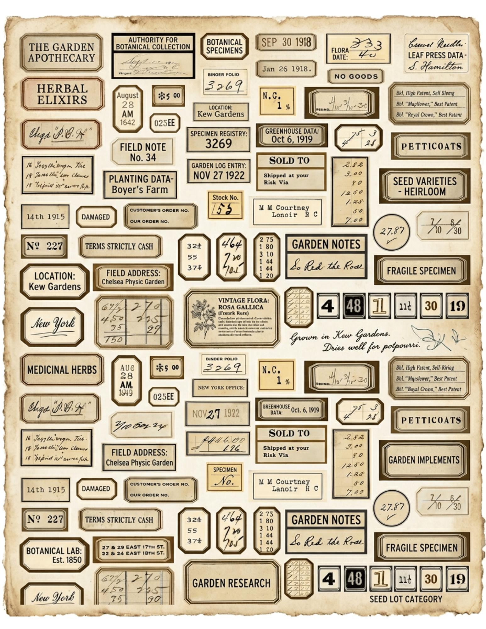 Vintage Botanical Labels Printable | Junk Journal Labels Kit | Planner Labels | Collage Ephemera PDF, 6 Pages, 120+ Labels