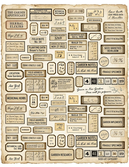 Vintage Botanical Labels Printable | Junk Journal Labels Kit | Planner Labels | Collage Ephemera PDF, 6 Pages, 120+ Labels