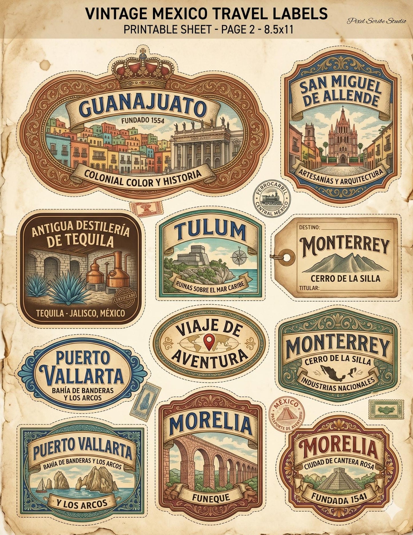 Vintage Mexico Travel Labels Printable, Junk Journal Ephemera, Mexico Labels Digital Download, Travel Journal Tags, Printable Collage Sheets