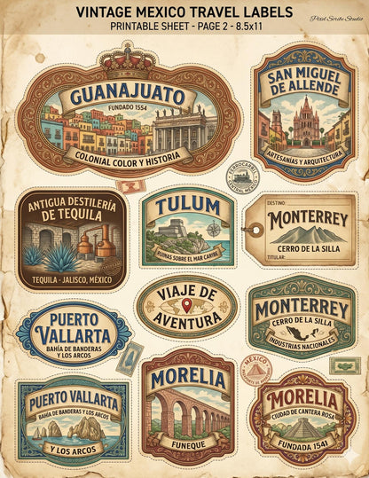 Vintage Mexico Travel Labels Printable, Junk Journal Ephemera, Mexico Labels Digital Download, Travel Journal Tags, Printable Collage Sheets