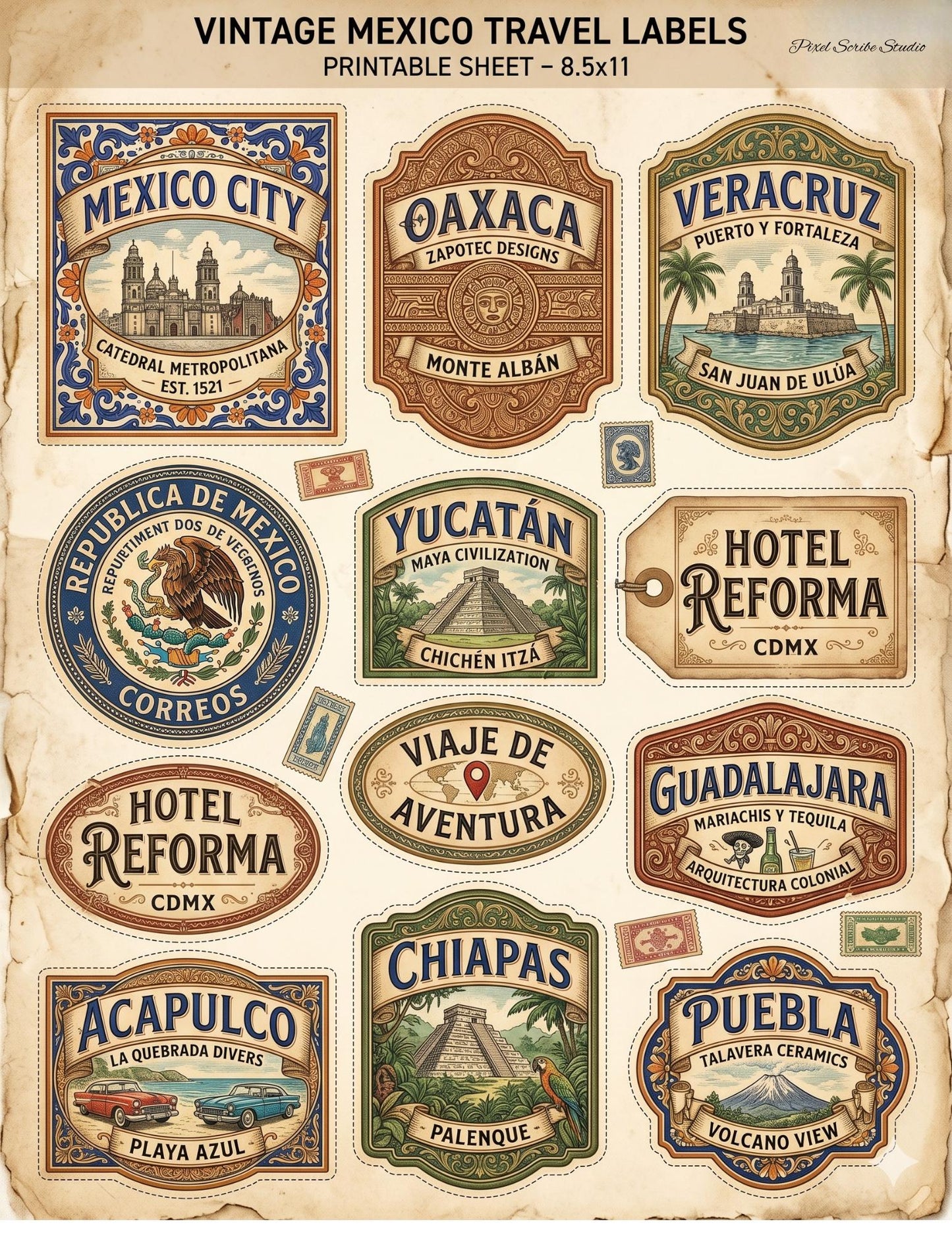 Vintage Mexico Travel Labels Printable, Junk Journal Ephemera, Mexico Labels Digital Download, Travel Journal Tags, Printable Collage Sheets