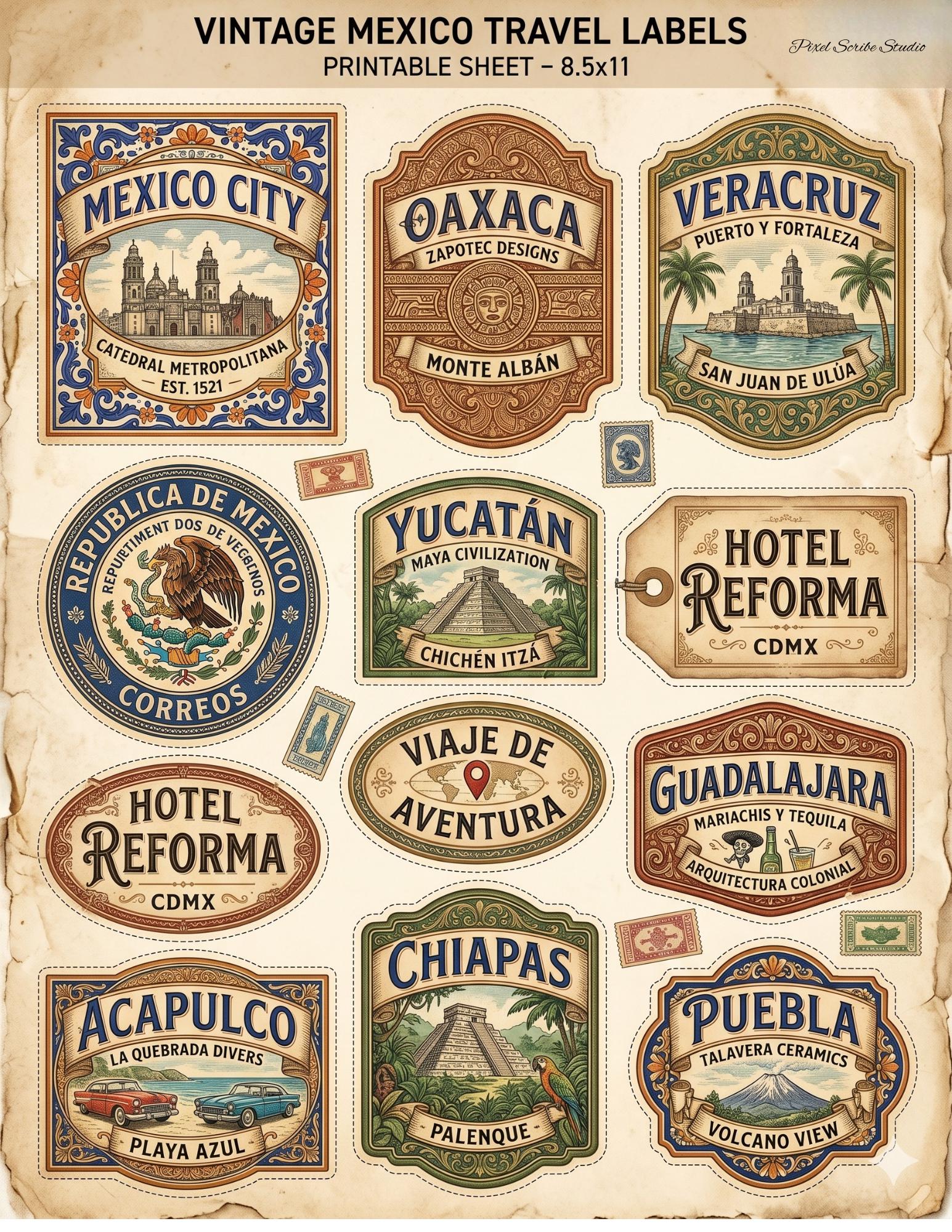 Vintage Mexico Travel Labels Printable, Junk Journal Ephemera, Mexico Labels Digital Download, Travel Journal Tags, Printable Collage Sheets
