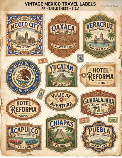 Vintage Mexico Travel Labels Printable, Junk Journal Ephemera, Mexico Labels Digital Download, Travel Journal Tags, Printable Collage Sheets