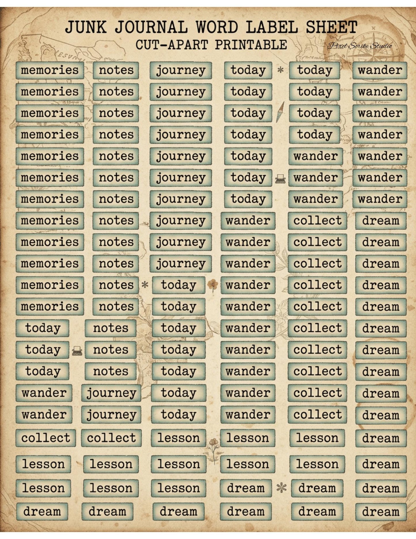 Vintage Junk Journal Word Labels Printable, 190+ Pieces, Typewriter Labels, Botanical Tabs, Neutral Ephemera, 2 Page Digital Download