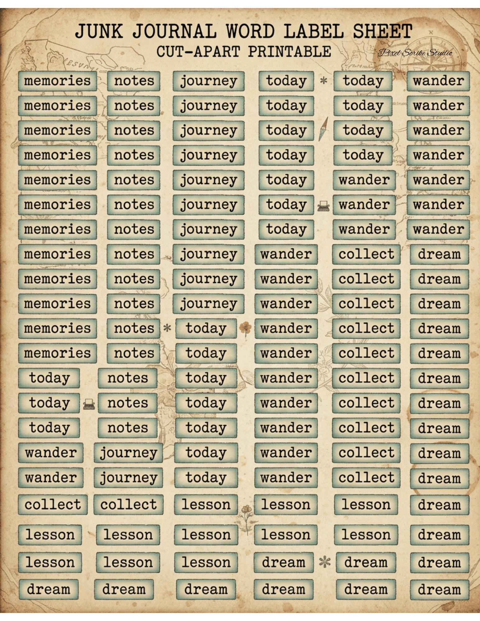 Vintage Junk Journal Word Labels Printable, 190+ Pieces, Typewriter Labels, Botanical Tabs, Neutral Ephemera, 2 Page Digital Download