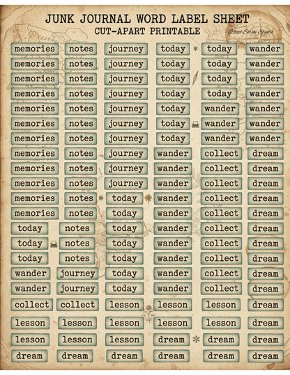 Vintage Junk Journal Word Labels Printable, 190+ Pieces, Typewriter Labels, Botanical Tabs, Neutral Ephemera, 2 Page Digital Download