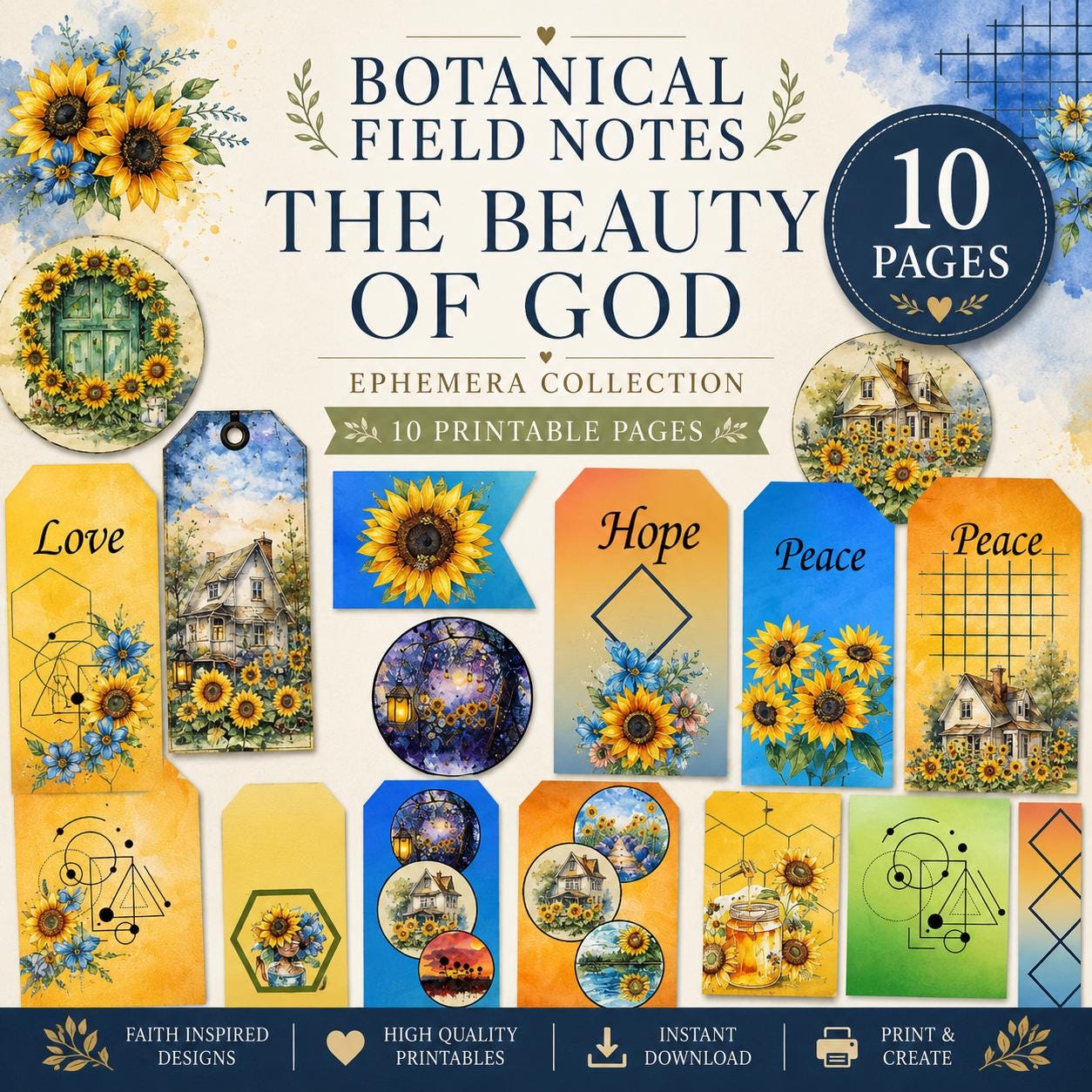 Botanical Field Notes – Sunflower Ephemera Kit (The Beauty of God) | 10 Printable Pages | Faith-Based Journal
