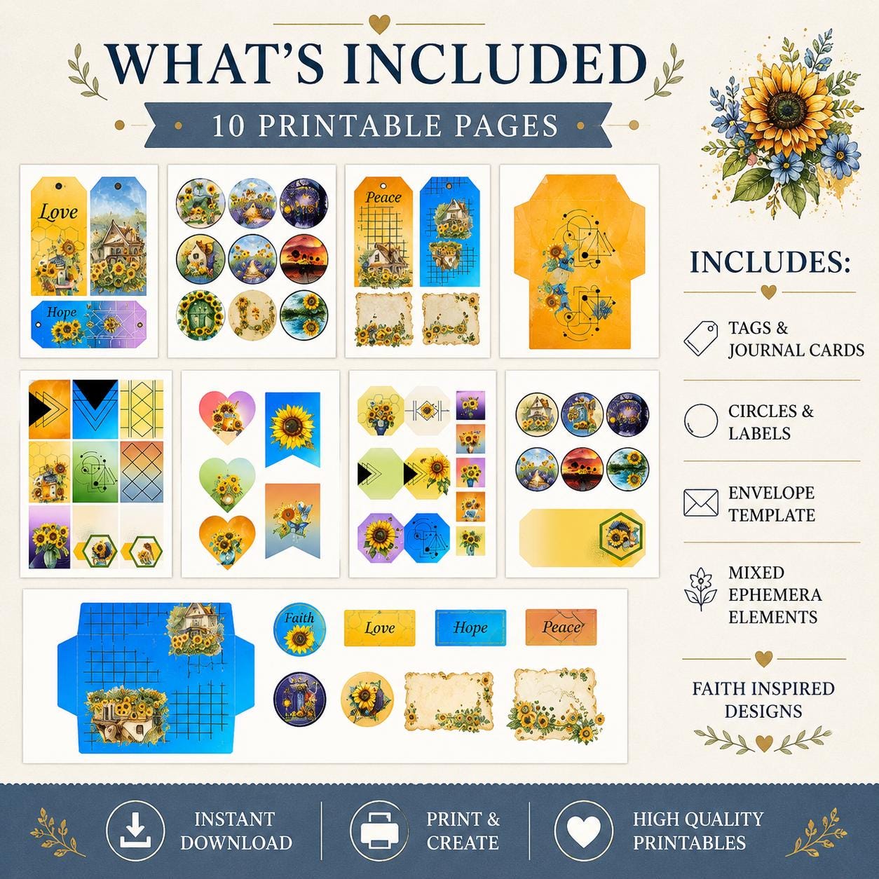 Botanical Field Notes – Sunflower Ephemera Kit (The Beauty of God) | 10 Printable Pages | Faith-Based Journal