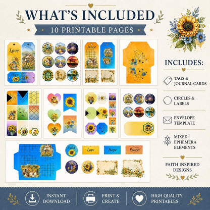 Botanical Field Notes – Sunflower Ephemera Kit (The Beauty of God) | 10 Printable Pages | Faith-Based Journal