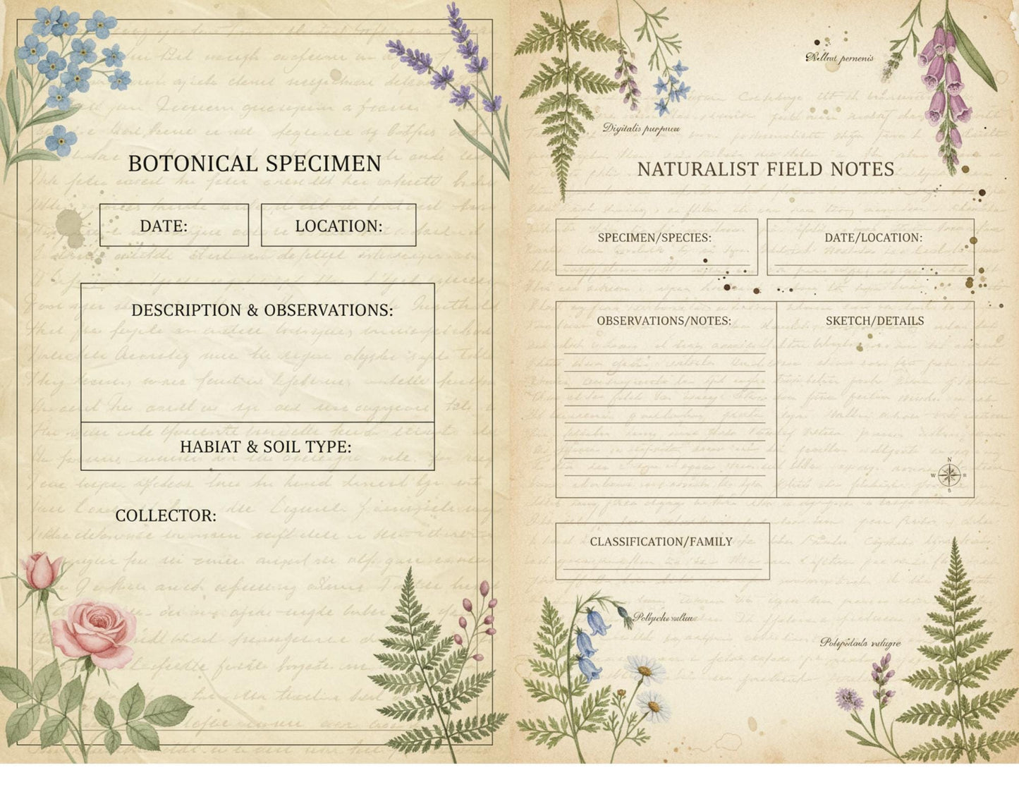 Botanical Field Notes – Flora & Fauna Journal Kit | Vintage Nature Printable Pages