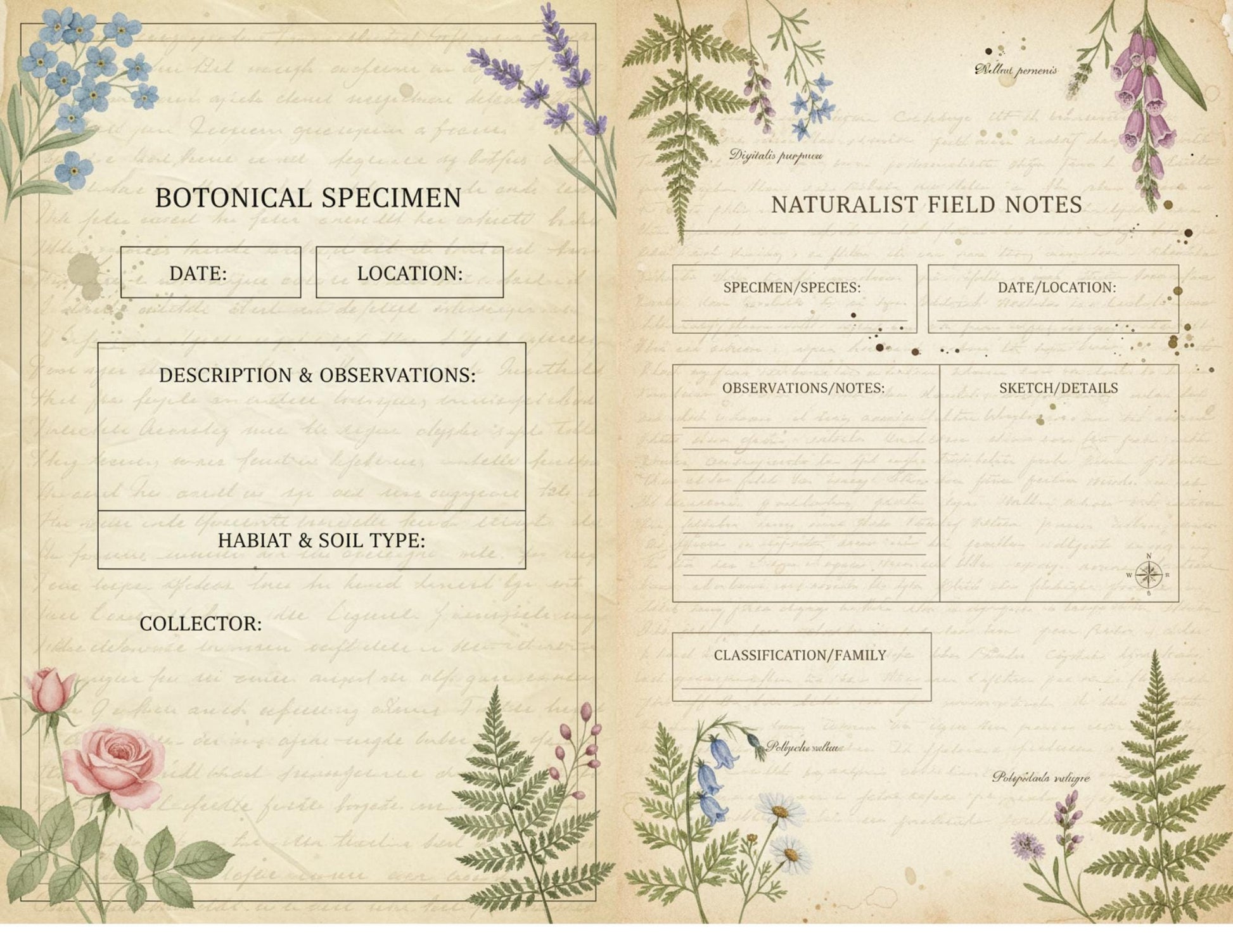 Botanical Field Notes – Flora & Fauna Journal Kit | Vintage Nature Printable Pages