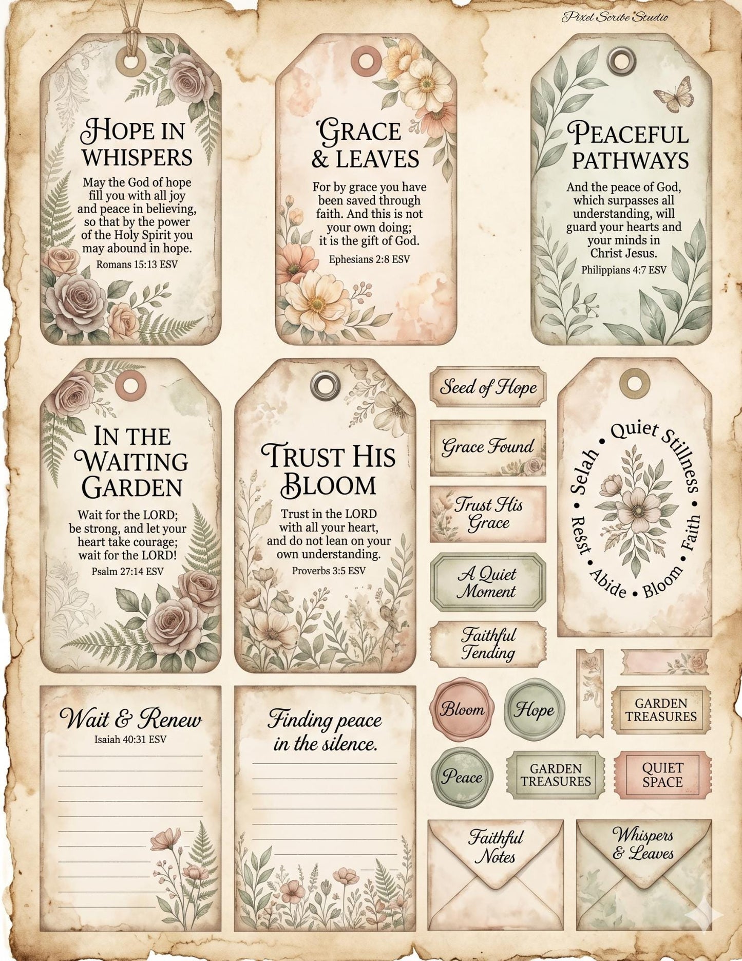 Botanical Field Notes – Ephemera Collection (100+ Pieces) | Printable Bible Journal Elements | Vintage Floral Tags, Pockets & Cards