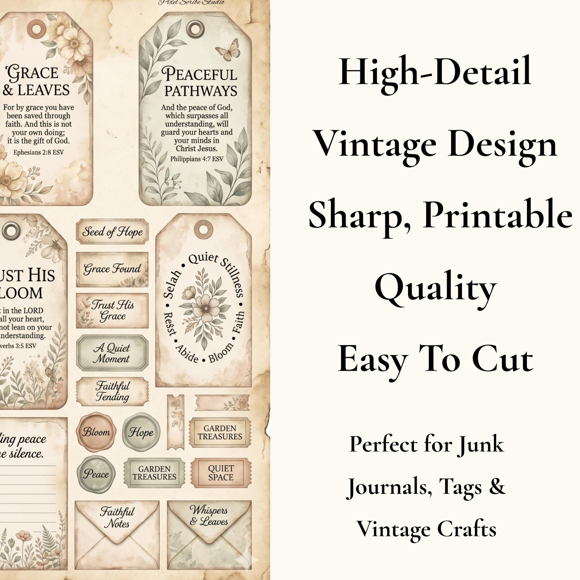 Botanical Field Notes – Ephemera Collection (100+ Pieces) | Printable Bible Journal Elements | Vintage Floral Tags, Pockets & Cards