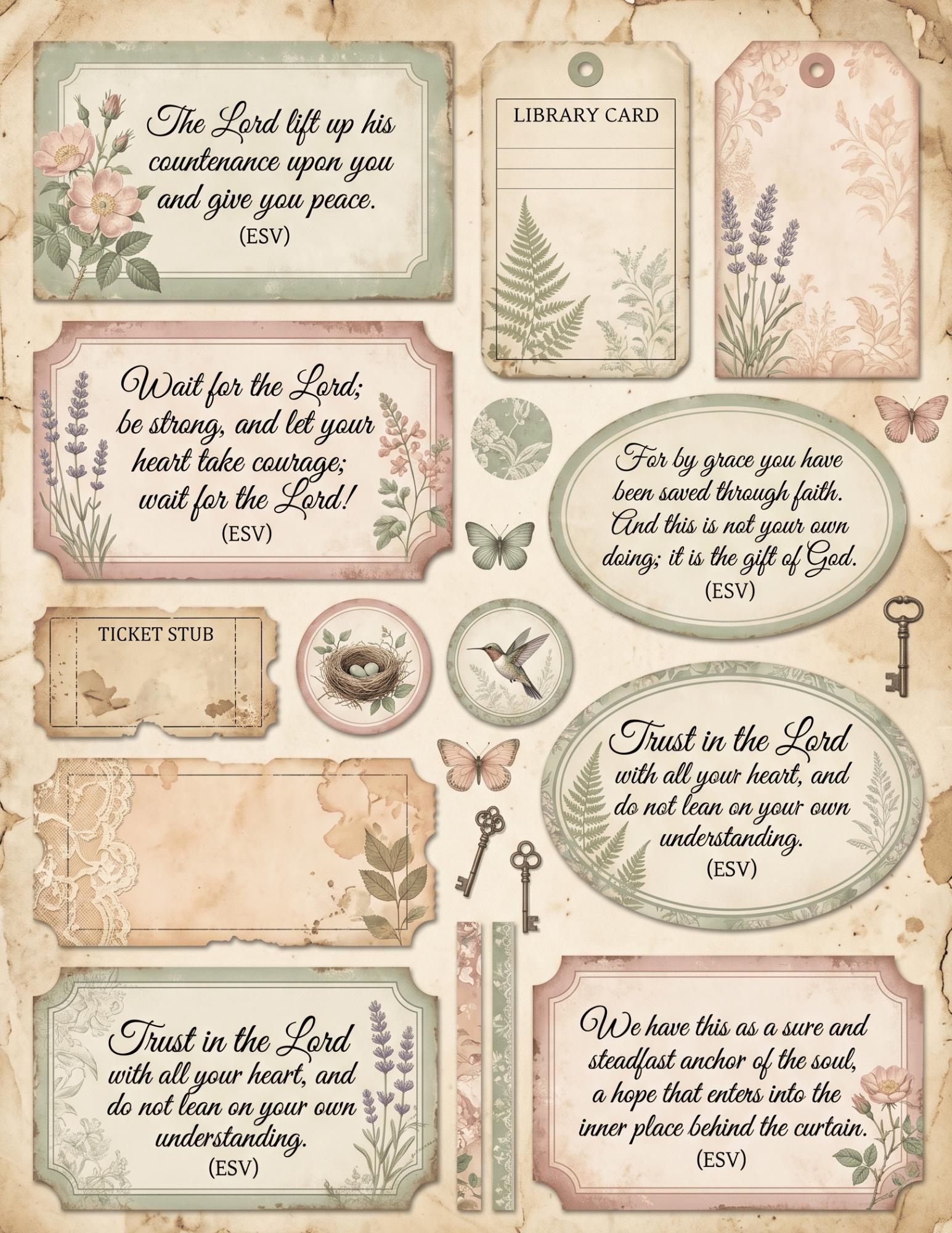 Botanical Field Notes – Whispering Garden Ephemera Collection (33 Pieces) | Faith Junk Journal Kit | Vintage Botanical Tags & Cards