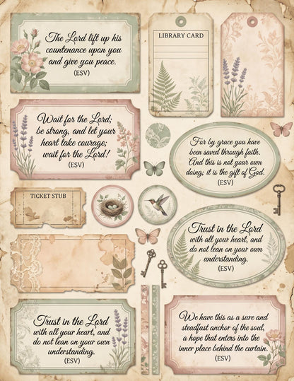 Botanical Field Notes – Whispering Garden Ephemera Collection (33 Pieces) | Faith Junk Journal Kit | Vintage Botanical Tags & Cards