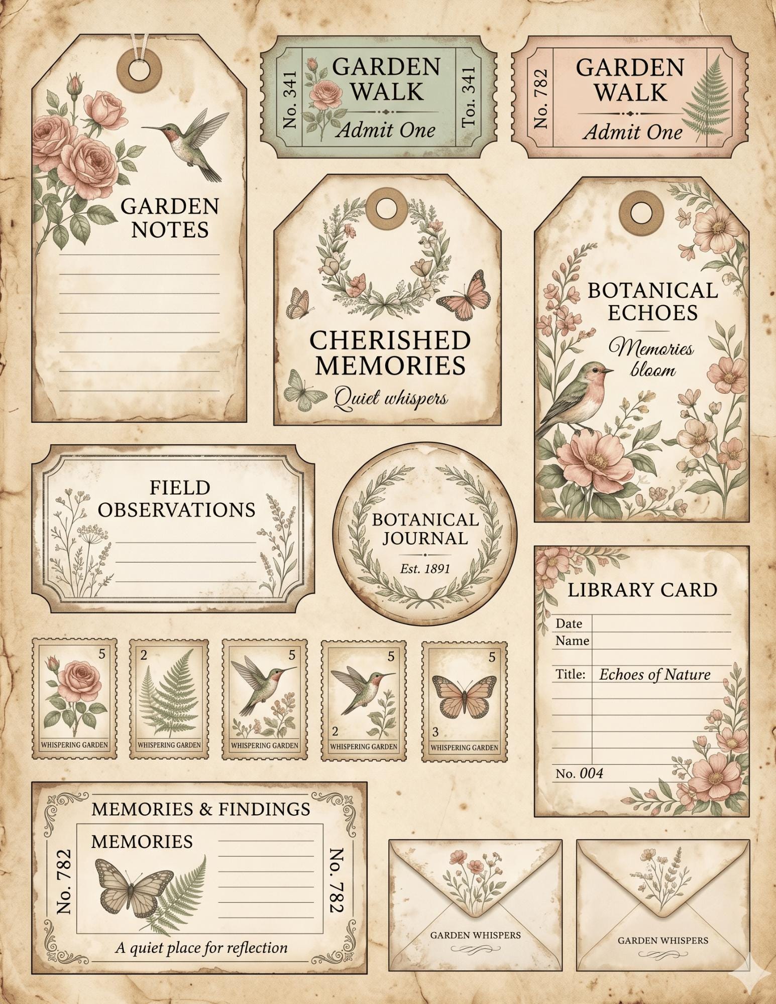Botanical Field Notes – Whispering Garden Ephemera Collection (33 Pieces) | Faith Junk Journal Kit | Vintage Botanical Tags & Cards