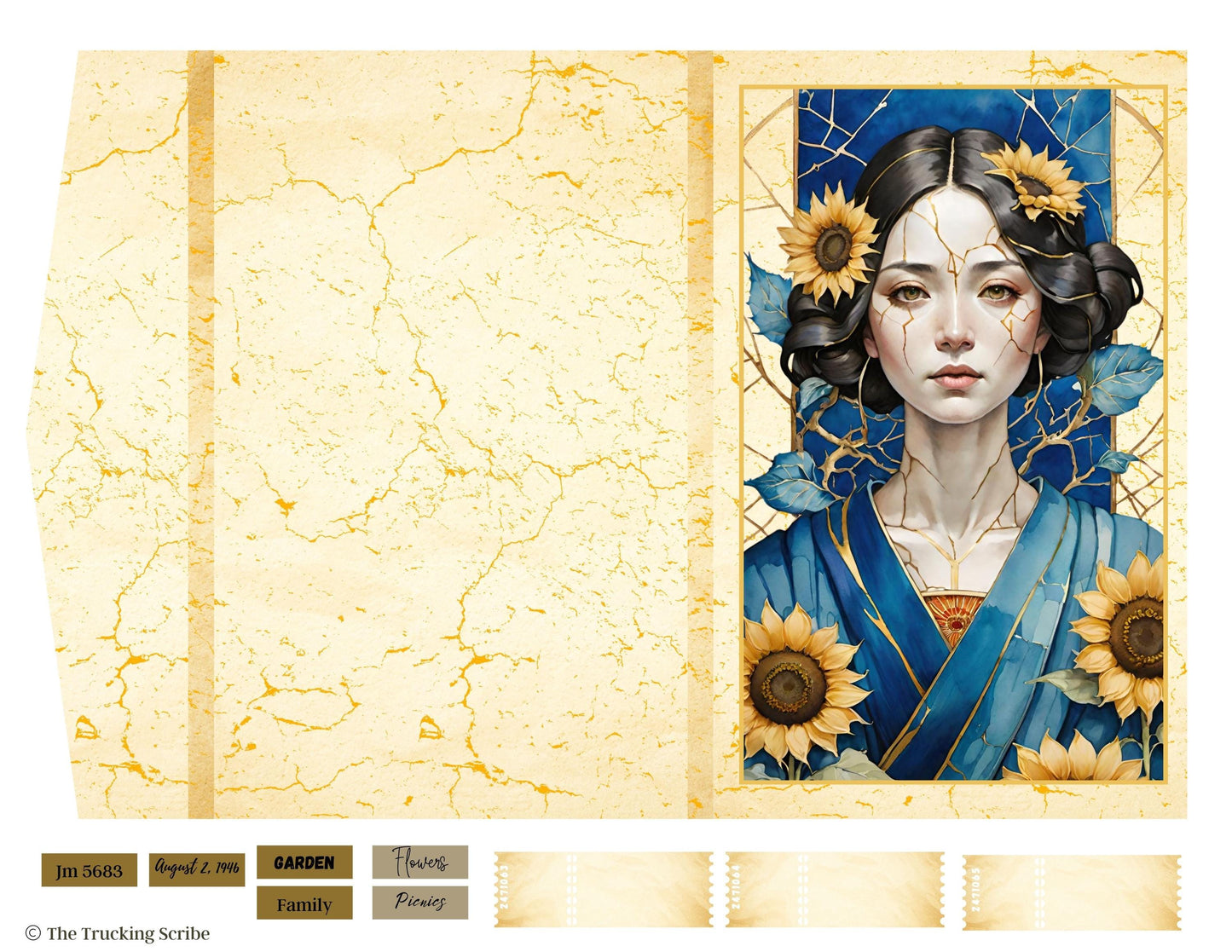 Botanical Field Notes – Kintsugi Sunflower Ladies | 8 Printable Junk Journal Pages | Digital Folio Kit