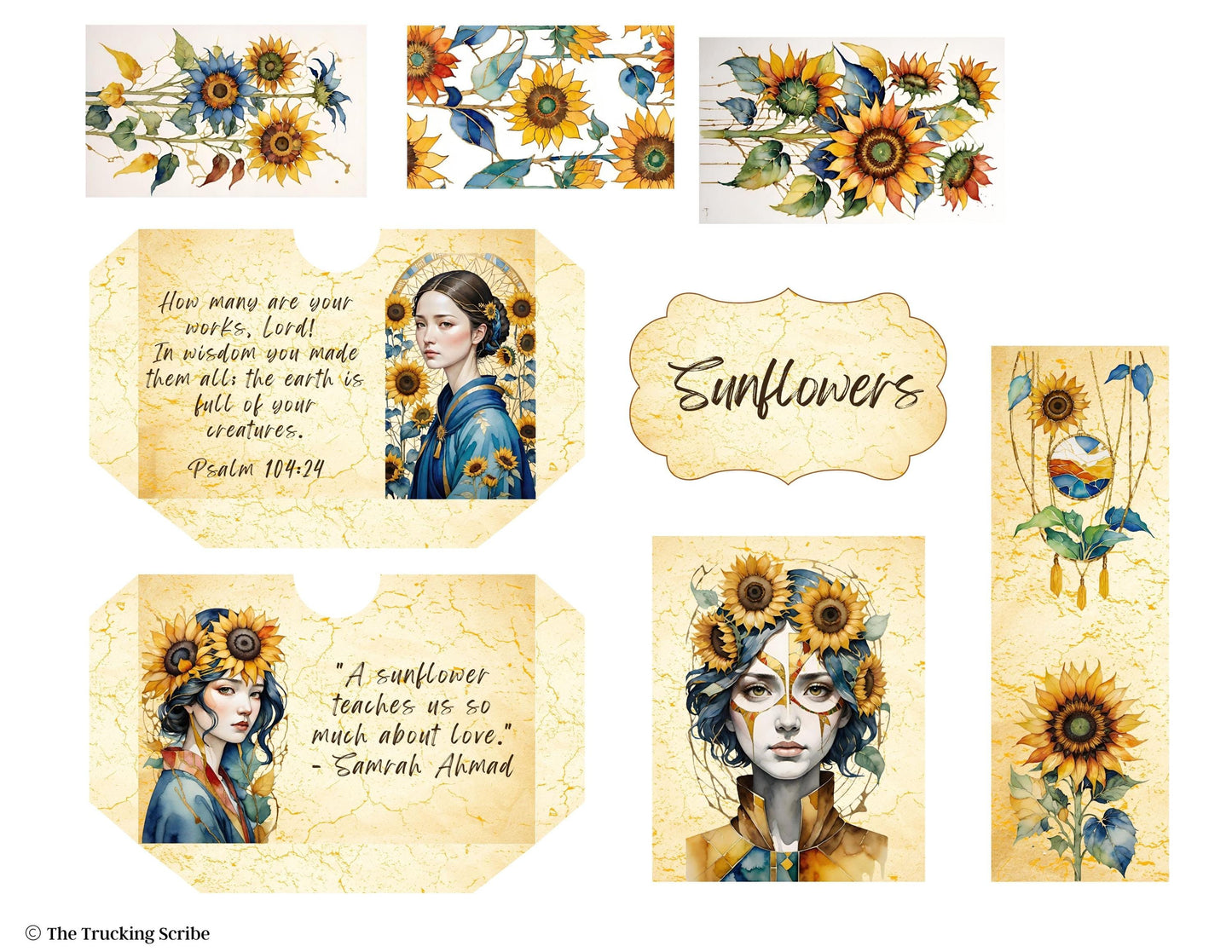 Botanical Field Notes – Kintsugi Sunflower Ladies | 8 Printable Junk Journal Pages | Digital Folio Kit