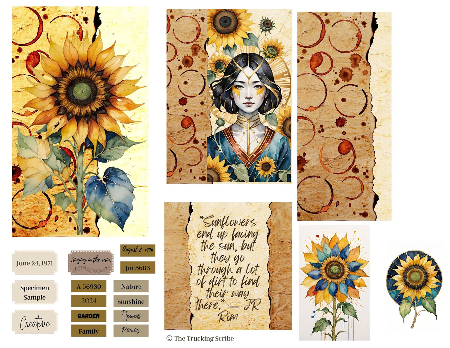 Botanical Field Notes – Kintsugi Sunflower Ladies | 8 Printable Junk Journal Pages | Digital Folio Kit