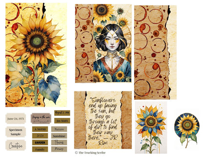 Botanical Field Notes – Kintsugi Sunflower Ladies | 8 Printable Junk Journal Pages | Digital Folio Kit