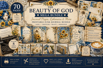 The Beauty of God & Sunflowers Mega Bundle | 70 Printable Junk Journal Pages | Faith-Based Ephemera Kit | Scripture Journal Download