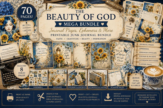 The Beauty of God & Sunflowers Mega Bundle | 70 Printable Junk Journal Pages | Faith-Based Ephemera Kit | Scripture Journal Download