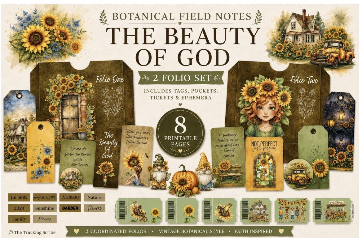The Beauty of God & Sunflowers Mega Bundle | 70 Printable Junk Journal Pages | Faith-Based Ephemera Kit | Scripture Journal Download