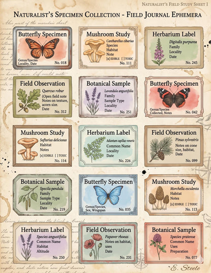 Naturalist’s Field Study Collection | Printable Botanical & Zoological Ephemera, Vintage Specimen Labels, Junk Journal Kit