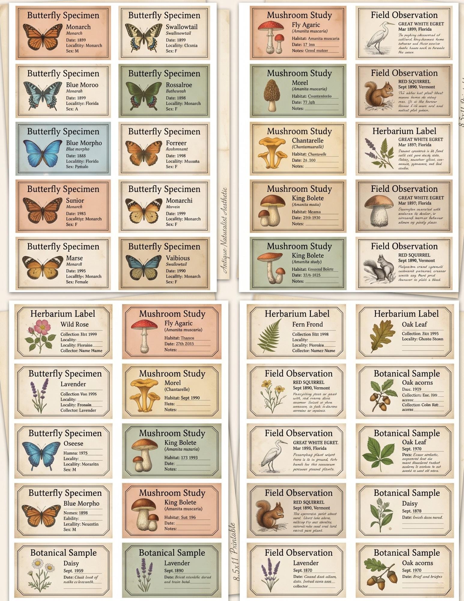 Naturalist’s Field Study Collection | Printable Botanical & Zoological Ephemera, Vintage Specimen Labels, Junk Journal Kit