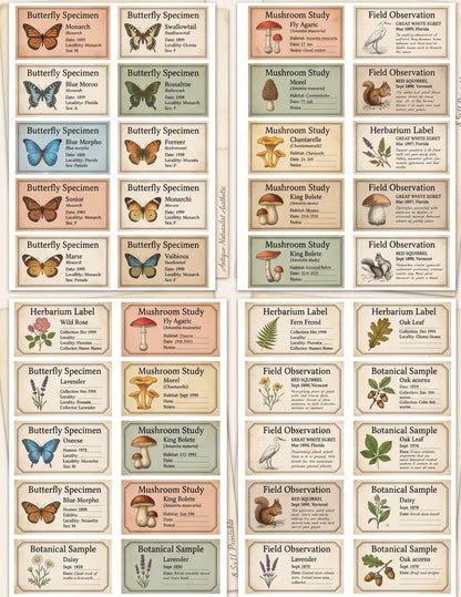 Naturalist’s Field Study Collection | Printable Botanical & Zoological Ephemera, Vintage Specimen Labels, Junk Journal Kit