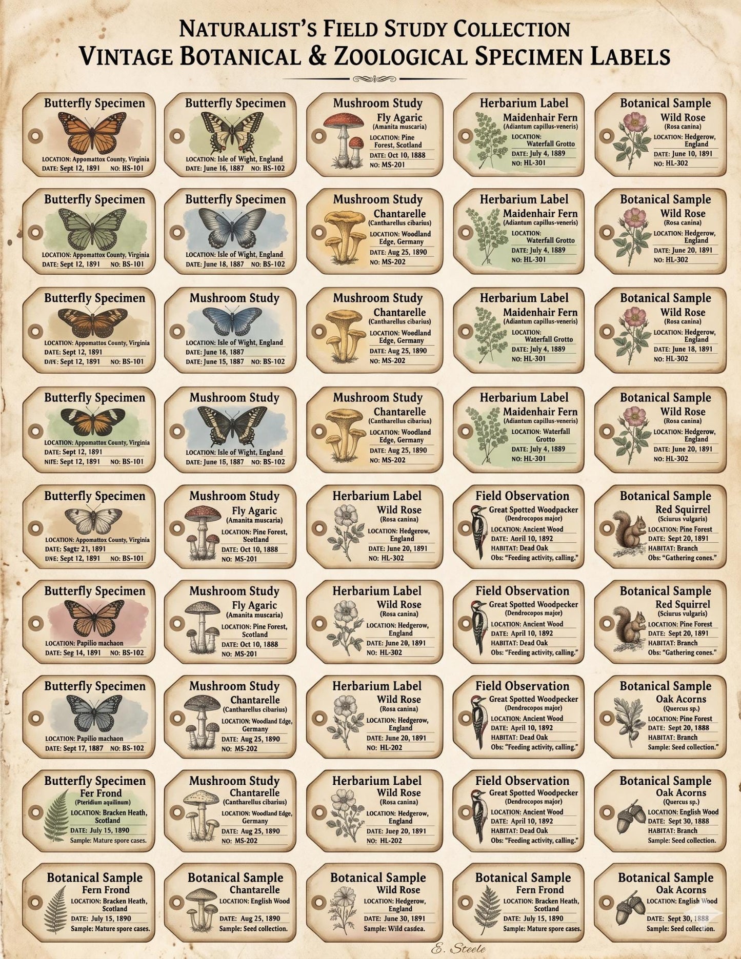 Naturalist’s Field Study Collection | Printable Botanical & Zoological Ephemera, Vintage Specimen Labels, Junk Journal Kit