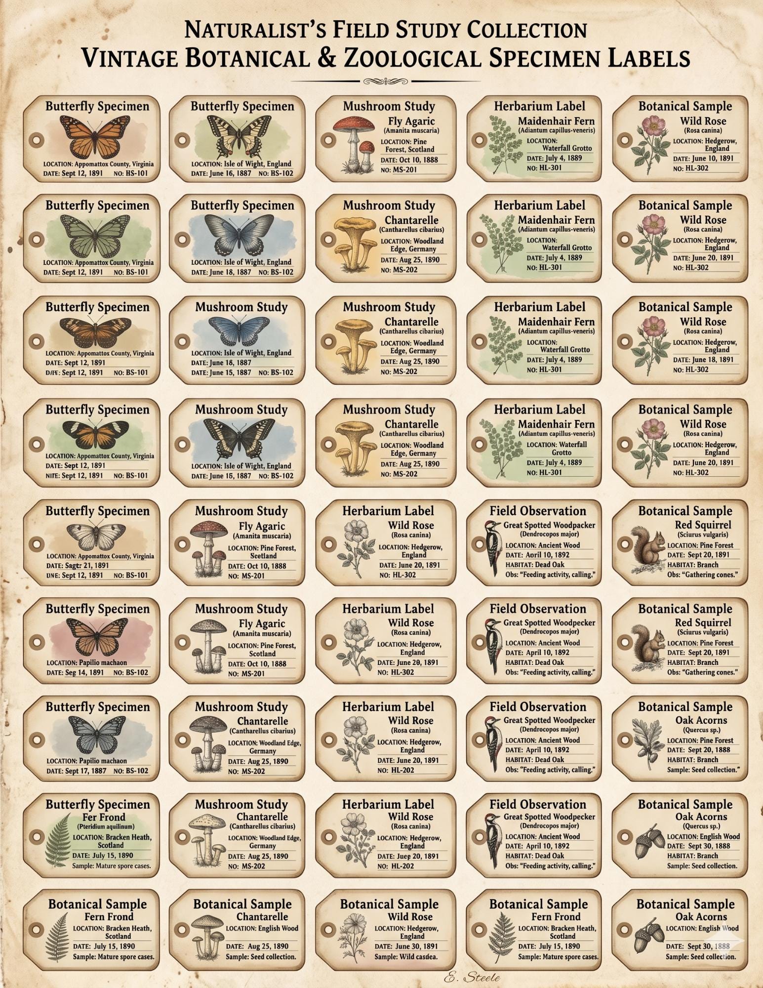 Naturalist’s Field Study Collection | Printable Botanical & Zoological Ephemera, Vintage Specimen Labels, Junk Journal Kit