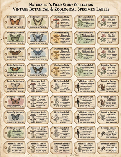 Naturalist’s Field Study Collection | Printable Botanical & Zoological Ephemera, Vintage Specimen Labels, Junk Journal Kit