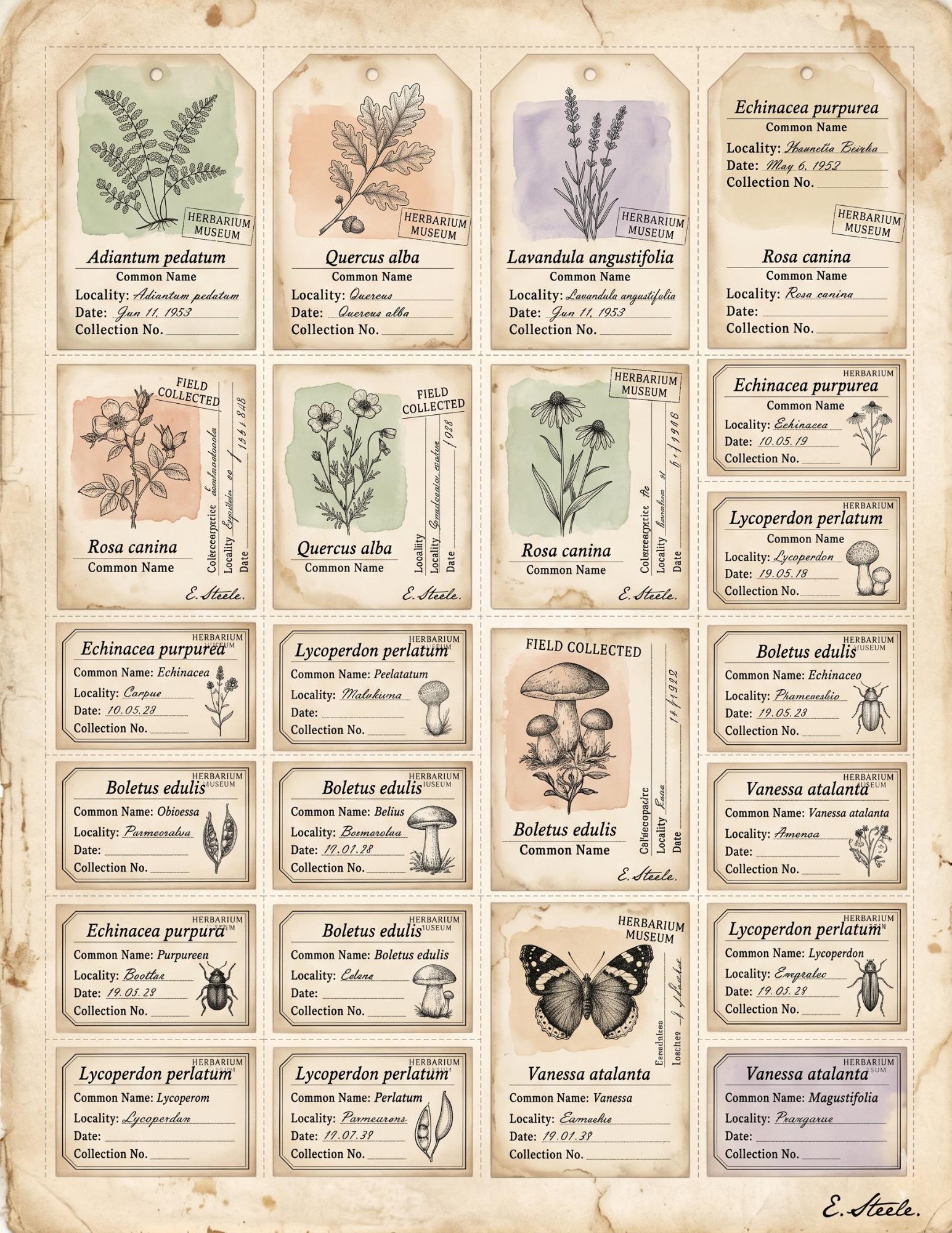 Naturalist’s Botanical Study Collection | Printable Vintage Ephemera, Botanical Labels, Mushroom & Butterfly Junk Journal Kit