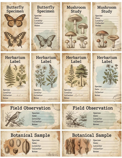 Naturalist’s Botanical Study Collection | Printable Vintage Ephemera, Botanical Labels, Mushroom & Butterfly Junk Journal Kit