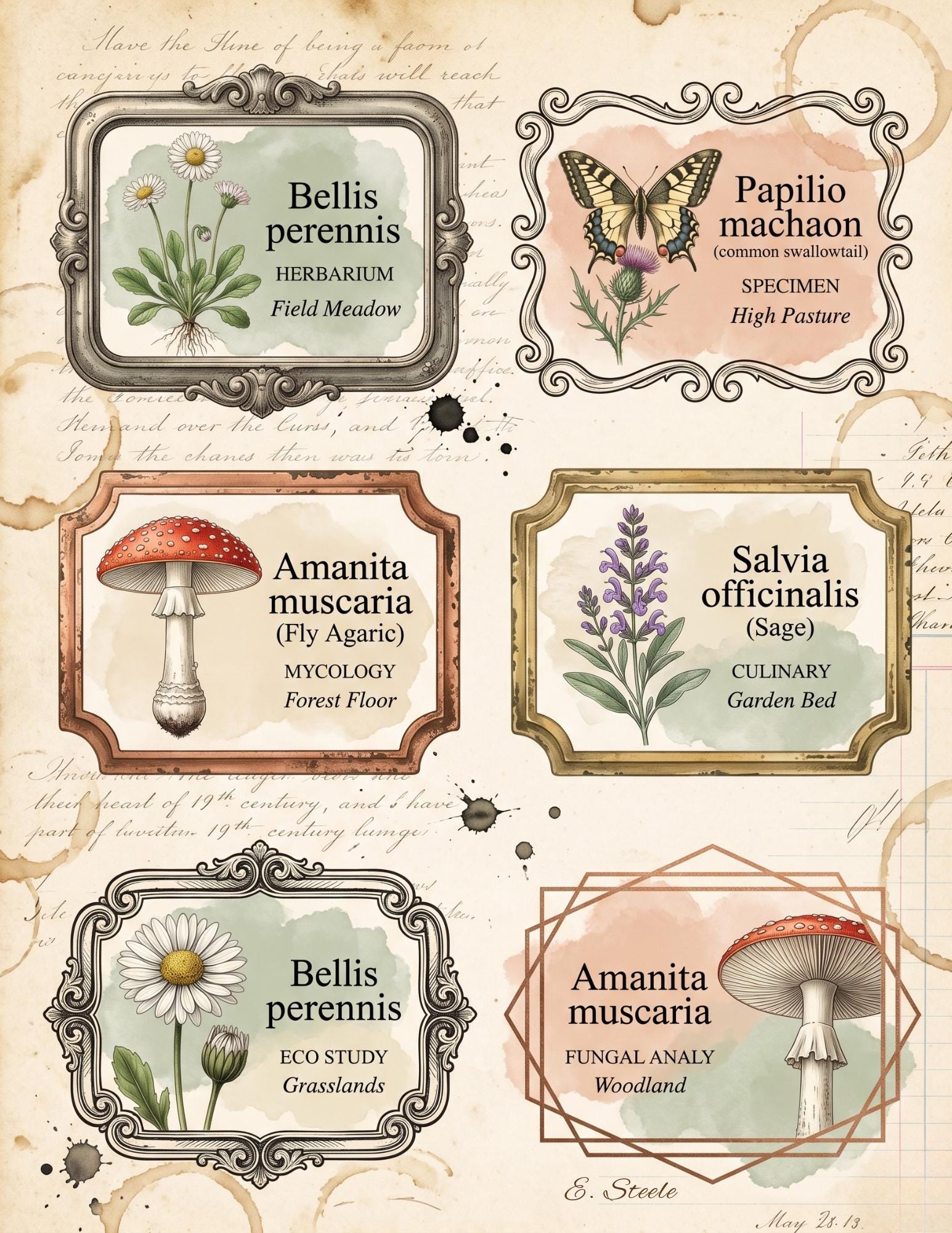 Naturalist’s Botanical Study Collection | Printable Vintage Ephemera, Botanical Labels, Mushroom & Butterfly Junk Journal Kit