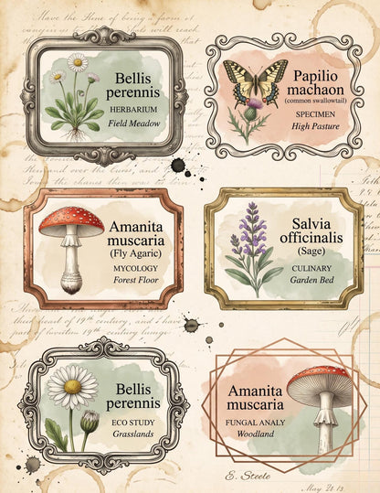 Naturalist’s Botanical Study Collection | Printable Vintage Ephemera, Botanical Labels, Mushroom & Butterfly Junk Journal Kit
