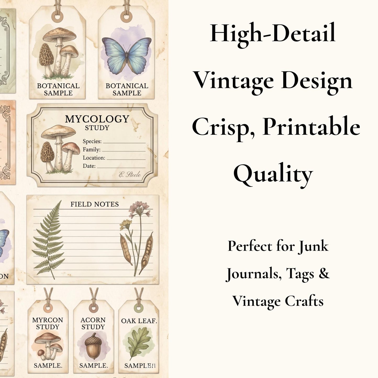 Naturalist’s Botanical Study Collection | Printable Vintage Ephemera, Botanical Labels, Mushroom & Butterfly Junk Journal Kit