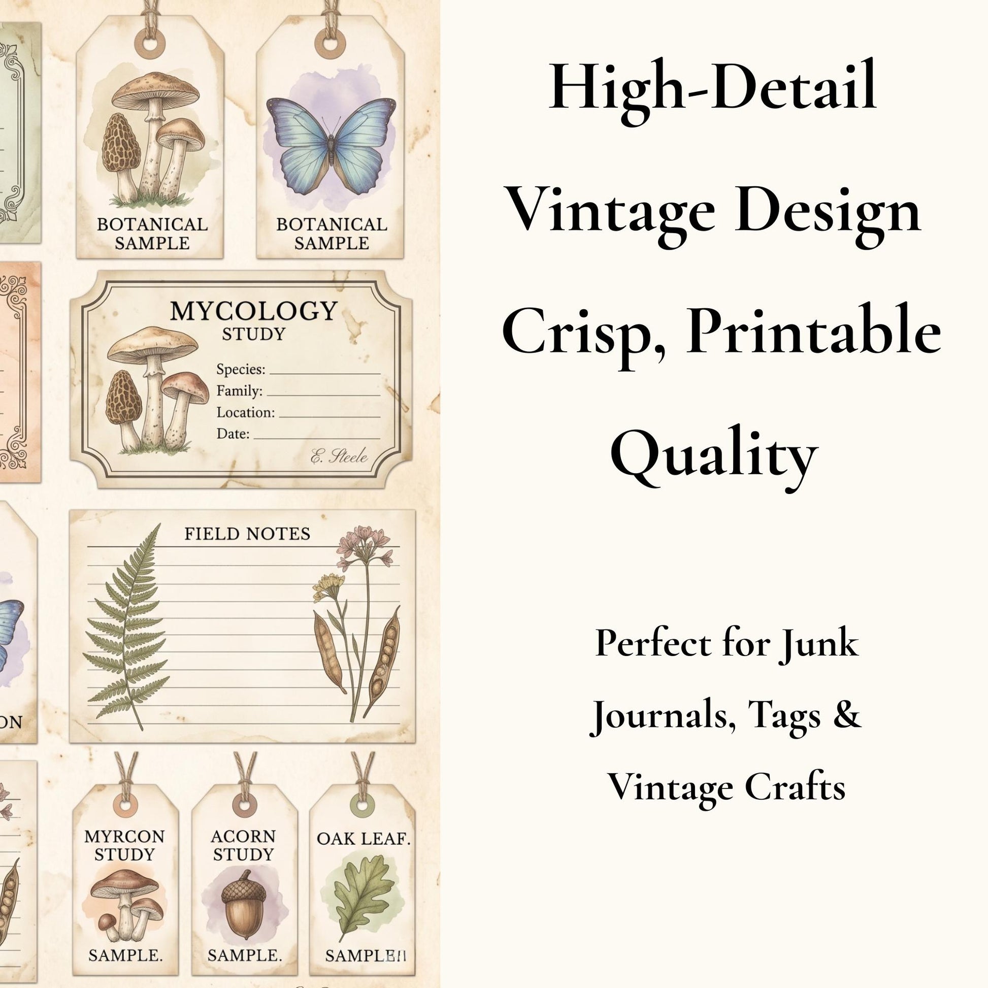 Naturalist’s Botanical Study Collection | Printable Vintage Ephemera, Botanical Labels, Mushroom & Butterfly Junk Journal Kit