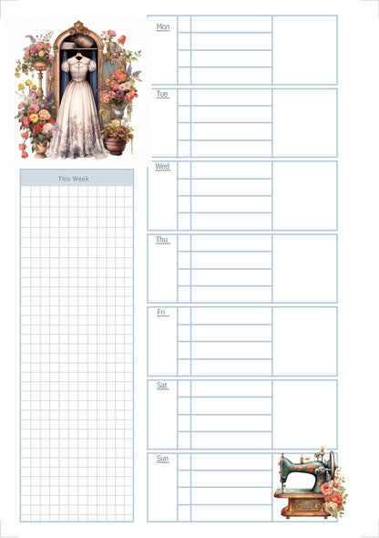 The Seamstress’s Diary – Printable Sewing-Themed Planner, 10-Page Digital Organizer, Vintage Stitching Design, Weekly & Project Pages