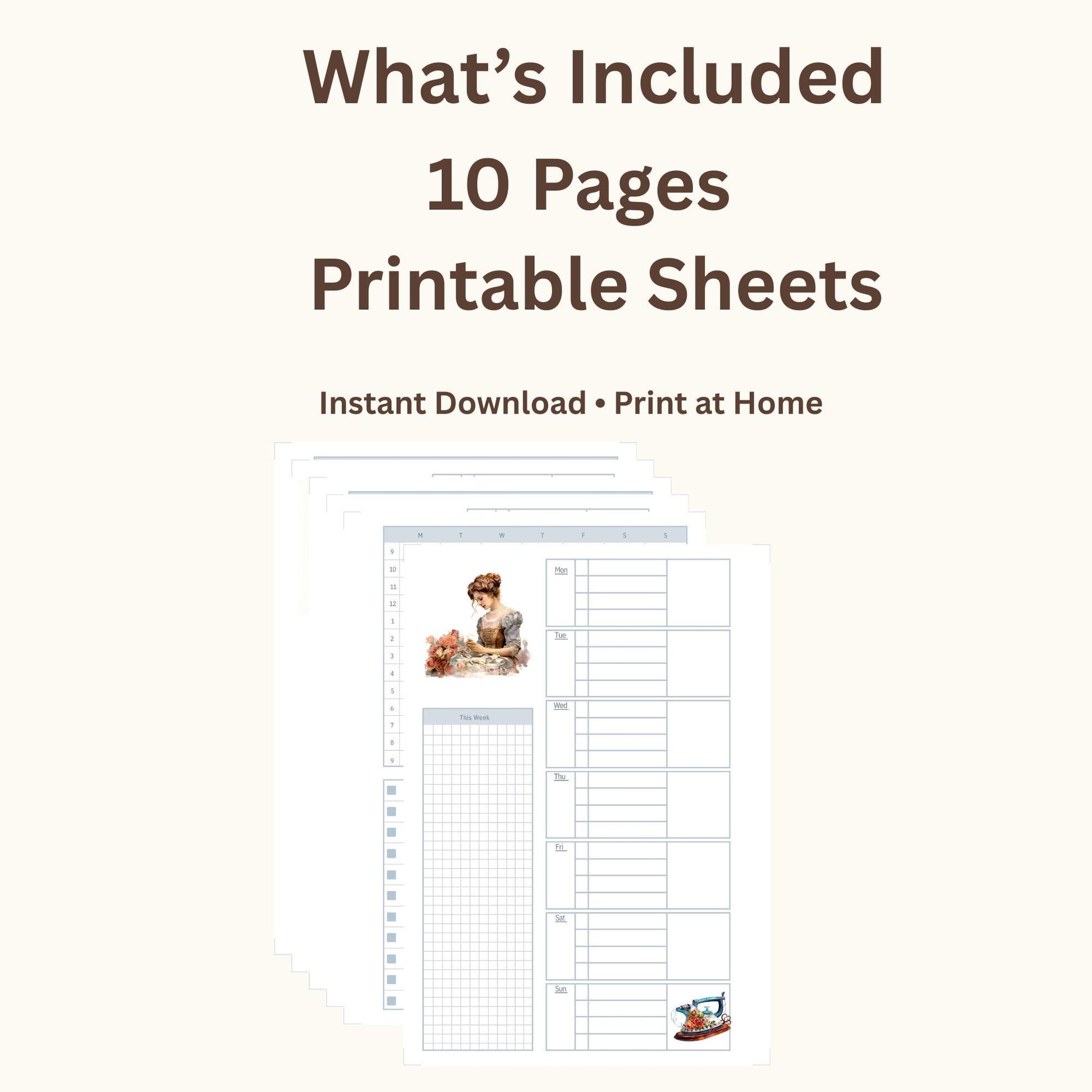 The Seamstress’s Diary – Printable Sewing-Themed Planner, 10-Page Digital Organizer, Vintage Stitching Design, Weekly & Project Pages