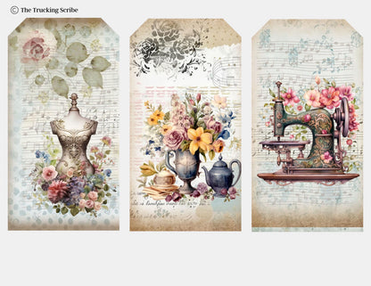 The Seamstress’s Diary: Chronicles of Creativity, Ephemera Pack, Vintage Sewing Junk Journal Kit, Tags, Tickets & Floral Sewing Elements